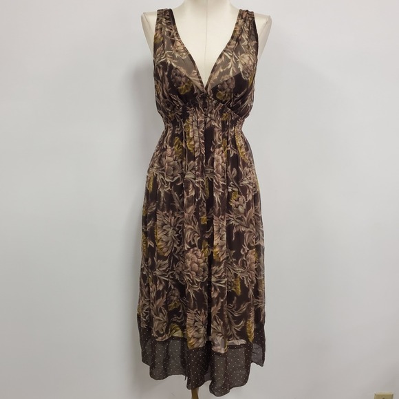 Bcbgmaxazria Womens Silk Forest Fairy Babydoll Midi Dress Size XS Brown Sheer - Picture 2 of 12